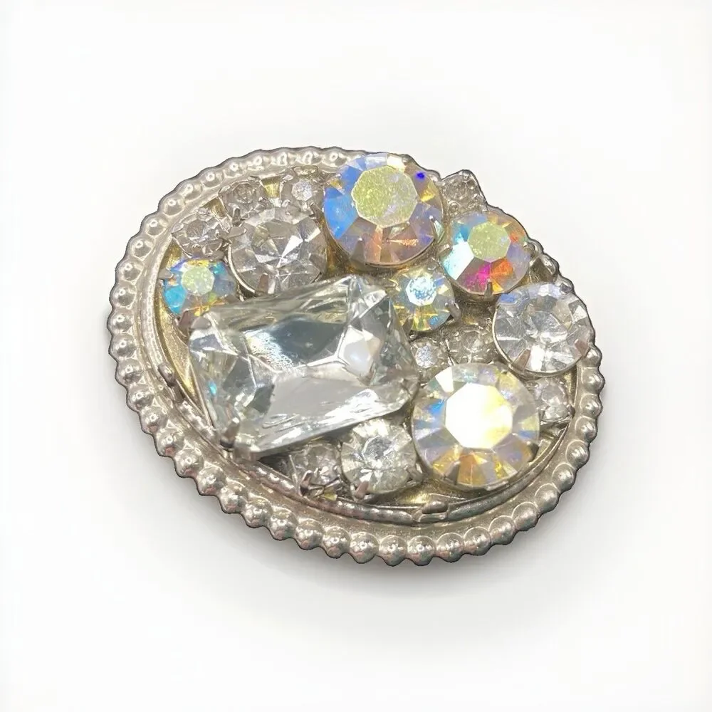 Vintage Rhinestone Silver Tone 80s Bolo Tie Clip Multi Stone Western Glam